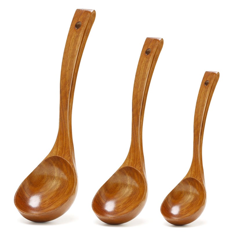 Renawe 3 Pack Wooden Ladles for Serving Spoon Soup Ladle Wood Spoons for Cooking Ladel Large Bamboo Kitchen Tools Ladles Big Spaghetti Spoon Laddle Non Toxic Soup Spoons Teak deep Ladle - Image 1